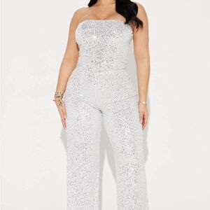 Fashion Nova White Sequin Strapless Jumpsuit